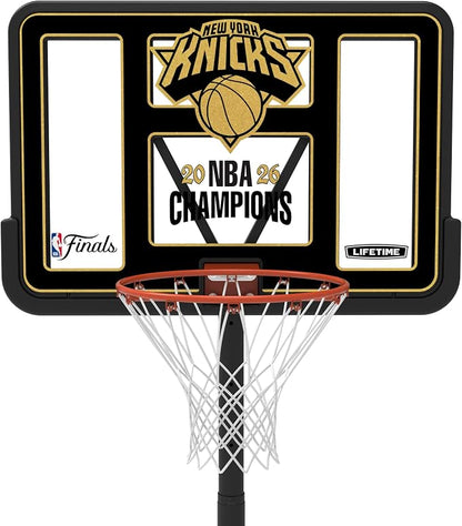 Lifetime NBA New York Knicks Championship Edition Portable Basketball Hoop, Adjustable Height 7.5-10 Ft, 44 Inch Shatterproof Fusion Backboard, Base with Wheels