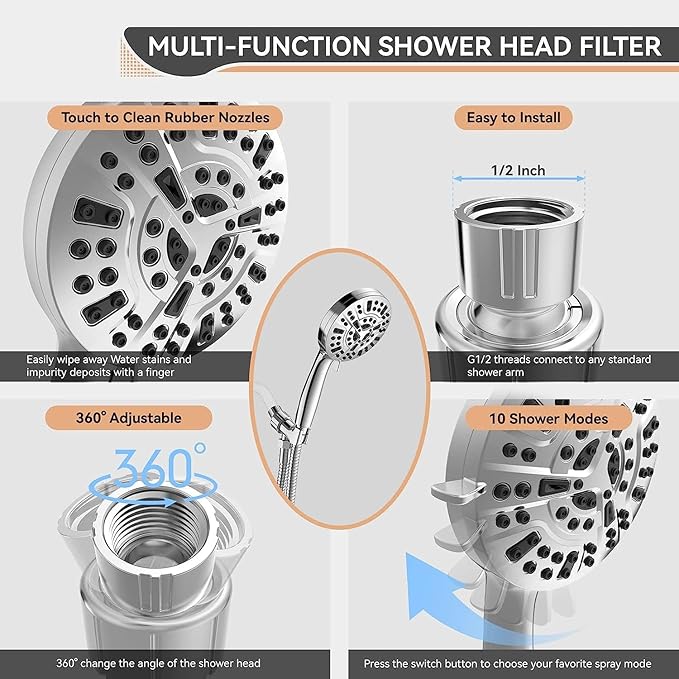 Filtered Shower Head, 15 Stage Handheld Shower Head Filter for Hard Water, 10 Modes High Pressure Shower Head with 60" Hose and Bracket, Remove Chlorine and Harmful Substance