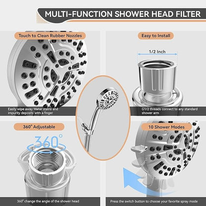Filtered Shower Head, 15 Stage Handheld Shower Head Filter for Hard Water, 10 Modes High Pressure Shower Head with 60" Hose and Bracket, Remove Chlorine and Harmful Substance
