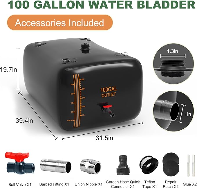 100 Gallon Water Bladder, 1000D PVC Foldable Portable Water Tank, Black Large Capacity Water Bag Container for Garden, Drought Resistance, Fire Prevention, Emergency Supply