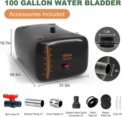 100 Gallon Water Bladder, 1000D PVC Foldable Portable Water Tank, Black Large Capacity Water Bag Container for Garden, Drought Resistance, Fire Prevention, Emergency Supply