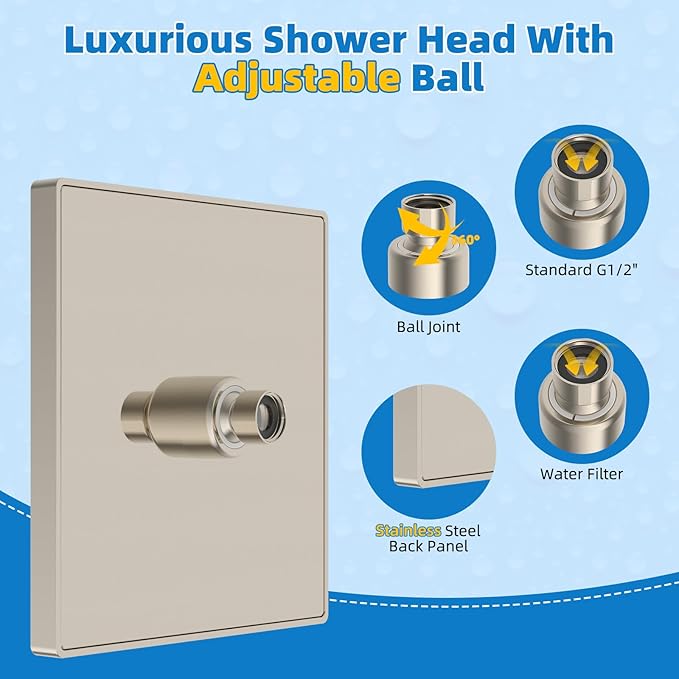 Hibbent cUCPC Certified Metal Shower Head, 8'' High Pressure Rainfall Shower Head, Bathroom Waterfall Shower Heads, High Flow Fixed Showerheads with Adjustable Brass Ball Joint, Brushed Nickel