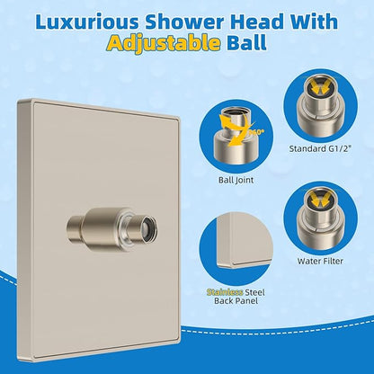 Hibbent cUCPC Certified Metal Shower Head, 8'' High Pressure Rainfall Shower Head, Bathroom Waterfall Shower Heads, High Flow Fixed Showerheads with Adjustable Brass Ball Joint, Brushed Nickel