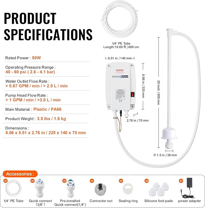 VEVOR Bottled Water Dispenser Pump System, 5 Gallon Dispensing System, Automatic Electric Water Dispenser, Single Inlet Water Jug Pump, Compatible Use with Coffee/Tea Machine, Refrigerator, Ice Maker