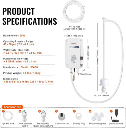 VEVOR Bottled Water Dispenser Pump System, 5 Gallon Dispensing System, Automatic Electric Water Dispenser, Single Inlet Water Jug Pump, Compatible Use with Coffee/Tea Machine, Refrigerator, Ice Maker