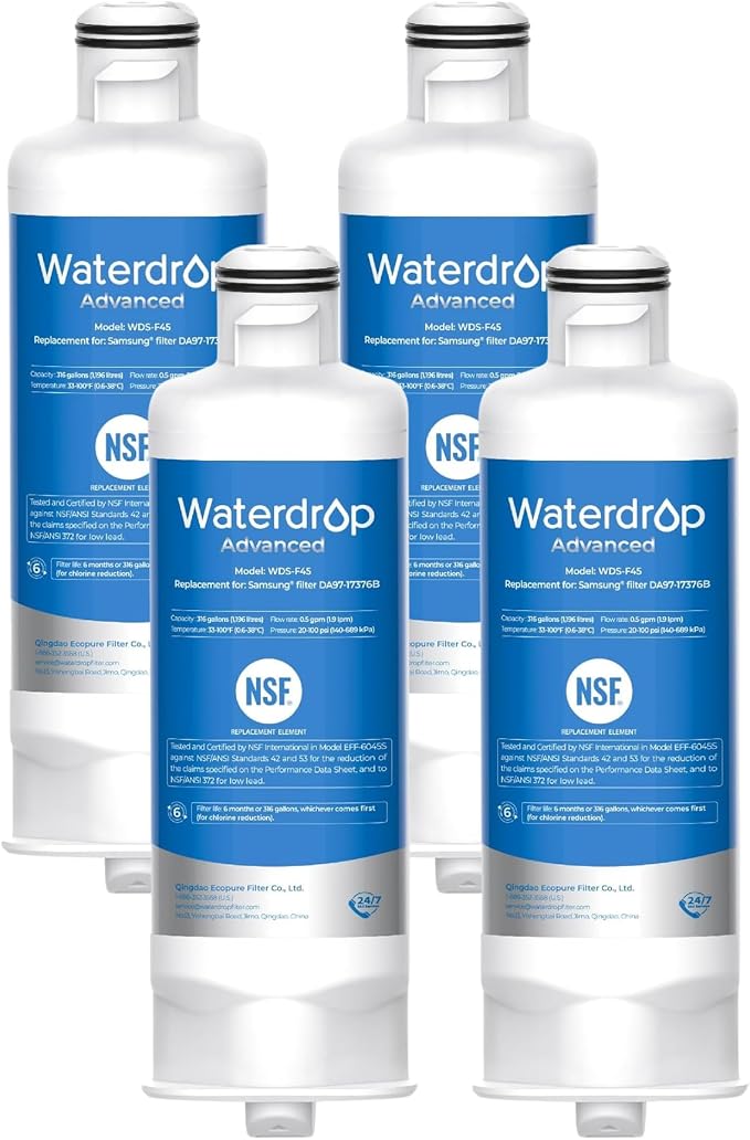 Waterdrop WDS-F45 Water Filter Replacement for Samsung® DA97-17376B, 4 Pack | NSF 53&42 Certified, Replacement for Samsung® HAF-QIN/EXP, DA97-08006C, RF28R7351SG, RF23M8570SR