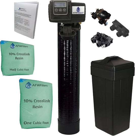 AFWFilters 1.5 Cubic Foot (48k) Whole Home Water Softener with Durable 10% Crosslink Resin, 3/4" Plastic MNPT Connection, and Black Tanks