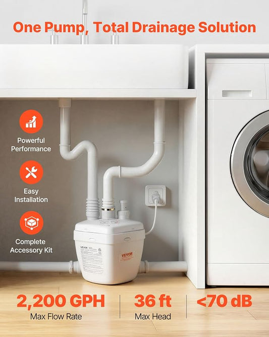 VEVOR Utility Sink Pump, 1 HP, 2200 GPH Under Sink Pump with 3 Water Inlets 1 Outlet, 36 ft Max Lift, Cast Aluminum Motor, Macerating Toilet System, for Sink Shower Wash Bin Urinal Kitchen Basement | for Shower Kitchen Basement, Cast Aluminum Motor, 1....