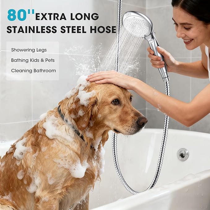 FASDUNT Shower Head with Handheld, High Pressure 8-Mode Filtered Shower Head with 80" Extra Long Stainless Steel Hose & Adjustable Bracket, Built-in Filter for Hard Water -Remove Chlorine, Chrome