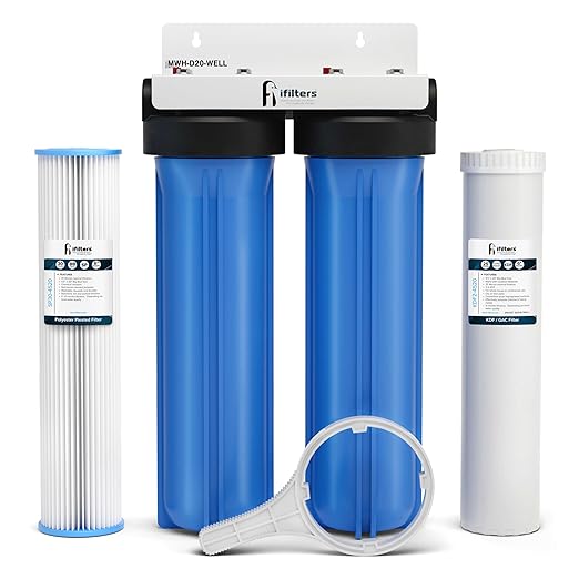 iFilters 2-Stage 20″ Well Water Whole House Filtration System | Dual-Stage Sediment & GAC/KDF Filters | Reduces Rust, Iron Sediment, Chlorine, Odor & Taste | 1″ Ports