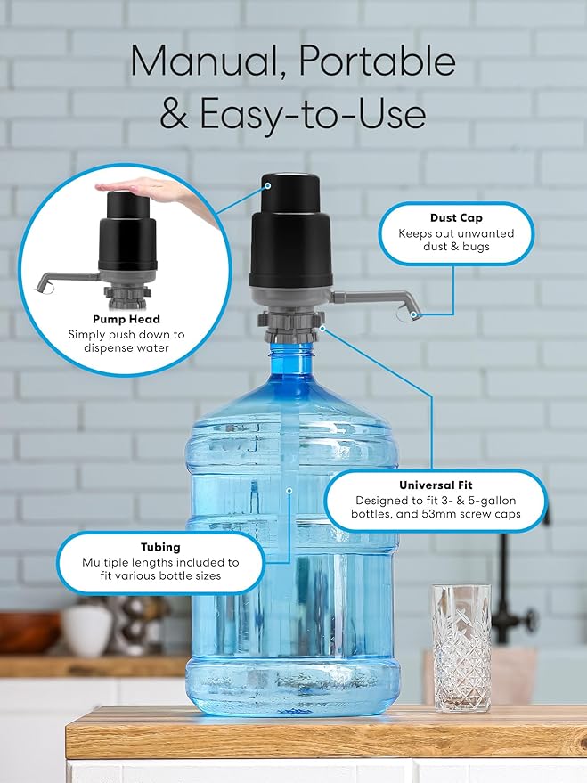 Brio Universal Water Bottle Pump | Manual Water Pump 1-5 Gallon Water Jug Dispenser for Camping Picnics and More! | 48mm & 55mm - (Multiple Color Options)
