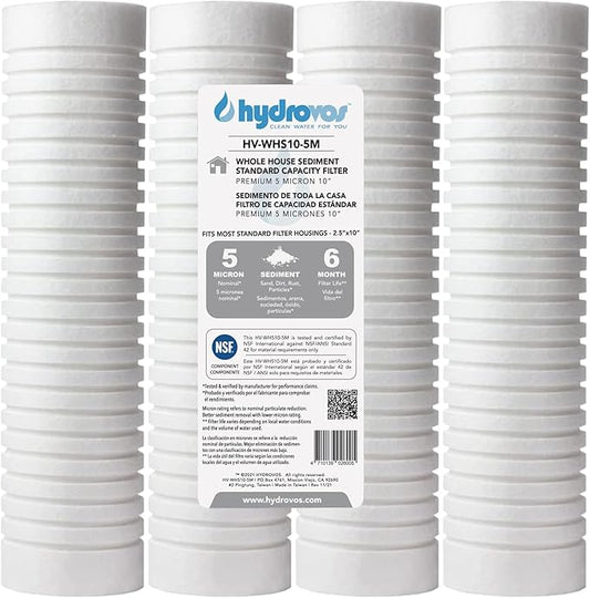 HYDROVOS 2.5" x 10" 5 Micron Whole House Water Filter, NSF Certified 10 Inch Grooved Sediment Filter with 6-Month Filter Life, 4 Pack