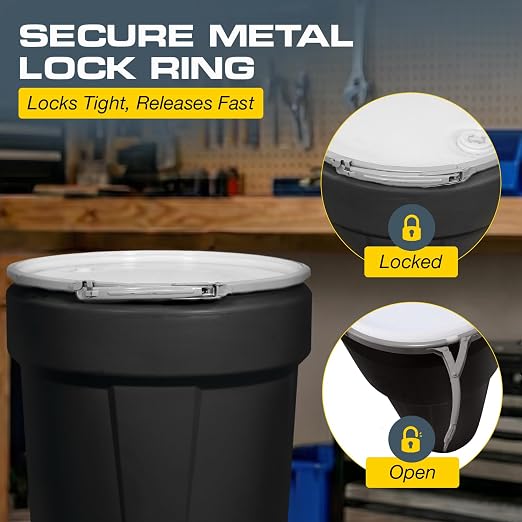Eagle Plastic Drum, 55 Gallon Drum, DOT Compliant, Made in USA, Black | High-Density-Polyethylene, Open Head Lab Pack Drum, Metal Lever-Lock with Bung Lid, Hazardous Material Storage, Transport