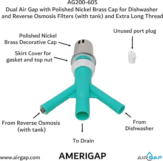 Dual Air Gap with Polished Nickel Brass Cap for Dishwasher and Reverse Osmosis Filters (with tank) and Extra Long Thread (AG200-605, AG200-X05, AMERIGAP)
