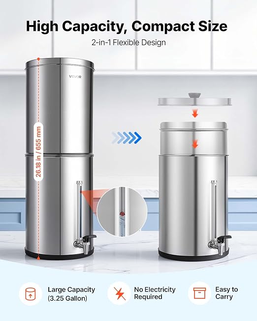 VEVOR Gravity-fed Water Filter System, 3.25G 304 Stainless-Steel Countertop Water Filtration System, Reduces Lead and up to 99% of Chlorine, with 2 Carbon Filters, Water Level Spigot, for Home Camping
