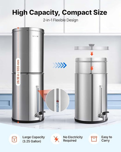 VEVOR Gravity-fed Water Filter System, 3.25G 304 Stainless-Steel Countertop Water Filtration System, Reduces Lead and up to 99% of Chlorine, with 2 Carbon Filters, Water Level Spigot, for Home Camping