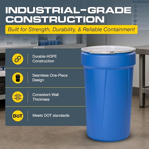 Eagle Plastic Drum, 55 Gallon Drum, DOT Compliant, Made in USA, Blue | High-Density-Polyethylene Construction, Open Head Lab Pack Drum, Metal Lever-Lock Lid, Hazardous Material Storage, Transport