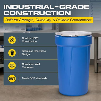 Eagle Plastic Drum, 55 Gallon Drum, DOT Compliant, Made in USA, Blue | High-Density-Polyethylene Construction, Open Head Lab Pack Drum, Metal Lever-Lock Lid, Hazardous Material Storage, Transport