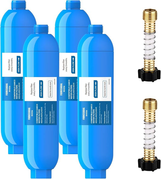 RV Water Filter with 2 Flexible Hose Protector, NSF Certified, 4 Pack Inline Water Filter Reduces Chlorine, Bad Taste, Odor, Sediment, RV Accessories for Campers, Marine, Garden Hose, Boat