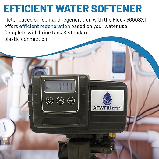 AFW Premium Fleck Whole House 64k Water Softener System - Upgraded 10% Resin 5600sxt Metered On-Demand - Efficient Water Softening System with 1" Bypass and Brine Tank - 64,000 Grain Capacity