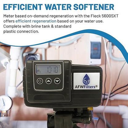 AFW Premium Fleck Whole House 64k Water Softener System - Upgraded 10% Resin 5600sxt Metered On-Demand - Efficient Water Softening System with 1" Bypass and Brine Tank - 64,000 Grain Capacity
