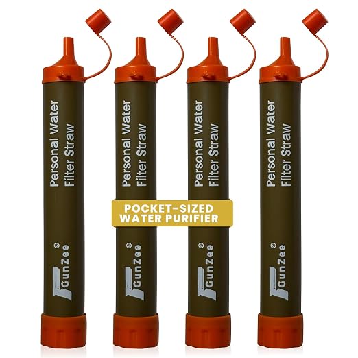 GunZee Personal Water Filter Straw, Reusable Straws for Drinking Clean, Filtered Water, Portable & Lightweight, Ideal for Camping, Hiking, Fishing, and Backpacking, Survival Gear and Supplies, 4-Pack