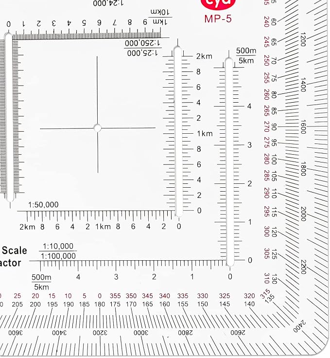 CYA MP-5 Square Military Map Protractor - Multi Scale UTM Coordinate Tool | Multi-scale MP-5 square map protractor for 1:24k to 1:500k charts. Features degrees, mils & USGS 7.5 min map rulers.