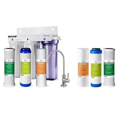 iSpring US31 Classic 3-Stage Under Sink Water Filtration System, Tankless, High Capacity, Sediment + Carbon + Carbon & F3 6-Month Prefilter Replacement Supply Filter Cartridge Pack Set, F3, White