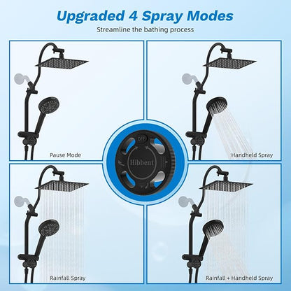 Hibbent cUPC Certified All Metal 8" Rainfall Showerhead Combo, High Pressure Shower Head with 10-Spray Handheld, Innovative 4-way Diverter with Pause Mode, 71'' Shower Hose & Holder, Matte Black