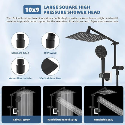 All Metal Rain Shower Head, 10” High Pressure Rainfall Shower Head with Handheld, 5" Large Handheld Showerhead Powerful Cleaning 10-Spray, 16" Shower Extension Arm Adjustable Height/Angle, Matte Black