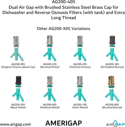 Dual Air Gap with Brushed Stainless Steel Brass Cap for Dishwasher and Reverse Osmosis Filters (with tank) and Extra Long Thread (AG200-405, AG200-X05, AMERIGAP)