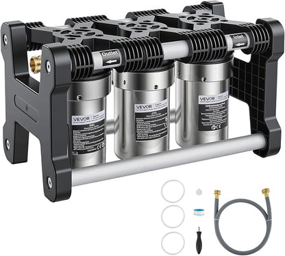 VEVOR RV Water Filter System, 5-Micron 3 Stage Premium RV Water Filtration System with Three Cartridges and 3/4" Fitting for RVs & Campers, Reduces Sediment, Chlorine, Heavy Metals, Odors and More