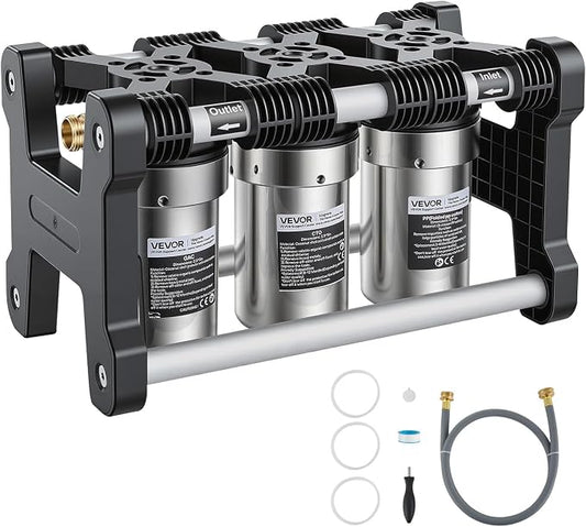 VEVOR RV Water Filter System, 5-Micron 3 Stage Premium RV Water Filtration System with Three Cartridges and 3/4" Fitting for RVs & Campers, Reduces Sediment, Chlorine, Heavy Metals, Odors and More