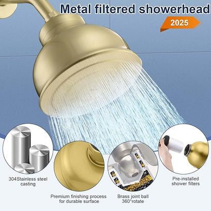 SonTiy Filtered Shower Head, All Metal Shower Filter Head For Hard Water Removes Chlorine, Improve Hair,Nails & Skin, Adjustable High Pressure Water Softener Showerhead, 6 Inch, Gold