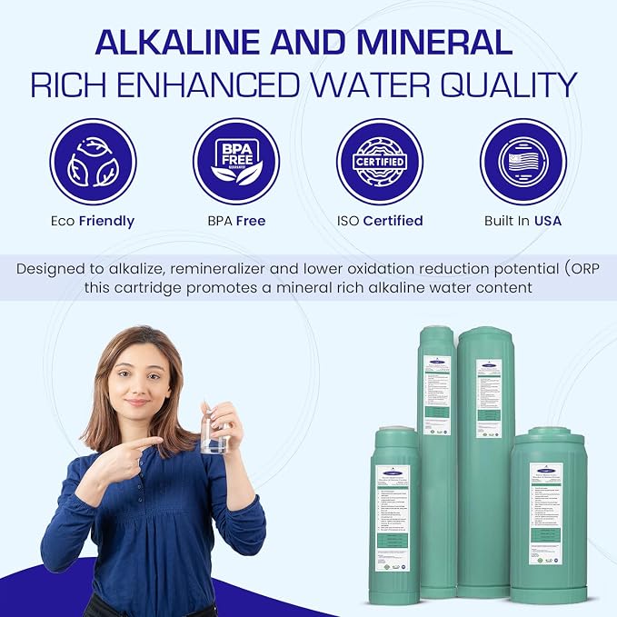 Crystal Quest Alkalizer, Ionizer, Mineralizer & Oxidation Cartridge – Boosts pH & Alkalinity, Reduces Acidity & ORP, Enhances Taste with Essential Minerals, Long-Lasting Performance 4-5/8” x 9-3/4”
