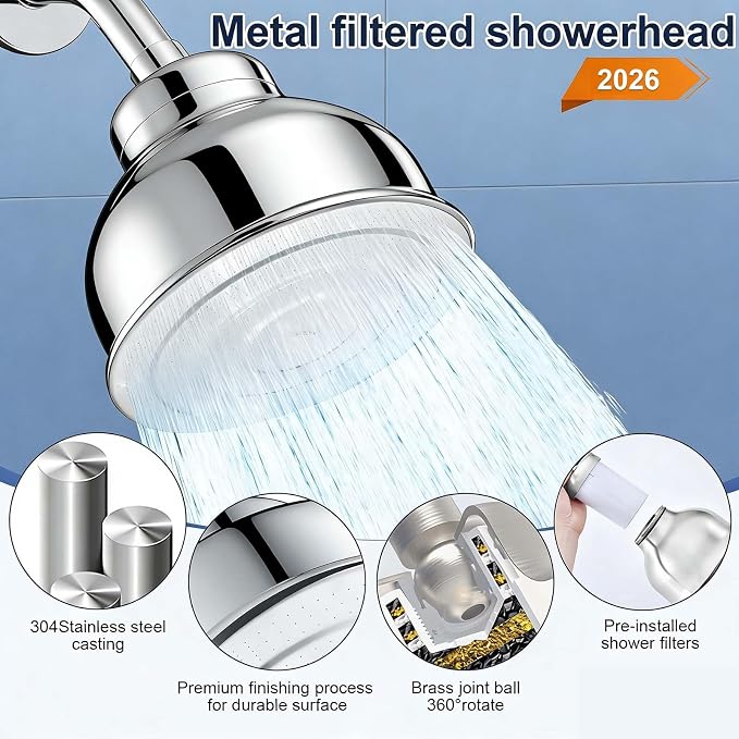 Metal Filter Shower Head for Hard Water Softener Shower Head with Water Shower Filter to Remove Chlorine and Harmful Substances, 6inch Large Rain Showerhead, 304Stainless Steel