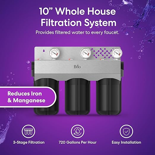 Brio Whole House Water Filter System w/Gauges | 3 Stage Fast-Flow Filtration (Sediment, CTO Carbon Block, Iron & Maganese) 4.5" x 10" Filters | Improves Taste, Protects Home Appliances | 720 GPH