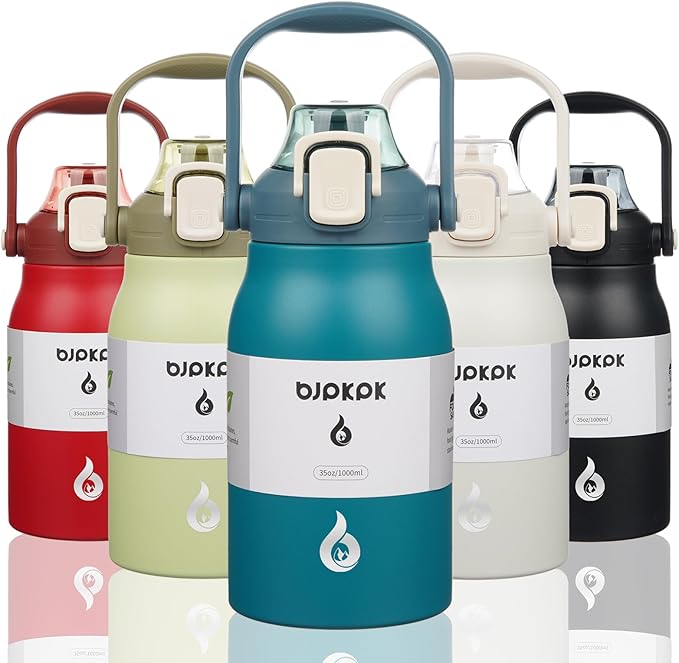 BJPKPK Insulated Water Bottles with Straw, 35 oz Stainless Steel Metal Water Bottle with One-handed Opening Lid, BPA Free Sport Jugs, Flasks for Men & Women, Light Blue