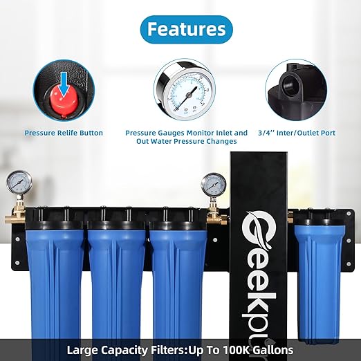 Geekpure 5 Stage Whole House Water Filter System with 2.5 x 20 5 Micron PP Sediment + Carbon Filters and 6 GPM UV