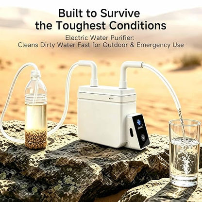Motorized Outdoor Water System, 0.01μm UF Structure, USB-C Rechargeable Portable Unit, Compact for Camping Backpacking Emergency Preparedness (White)