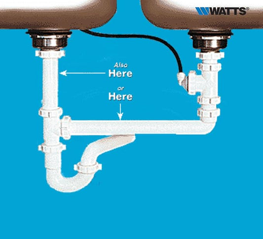 Watts Premier 1-1/2" Universal Drain Line Adapter for RO Reverse Osmosis Systems in Single or Multi-Compartment Sinks without Disposal, 3/8" Tubing, No Drilling Required, White