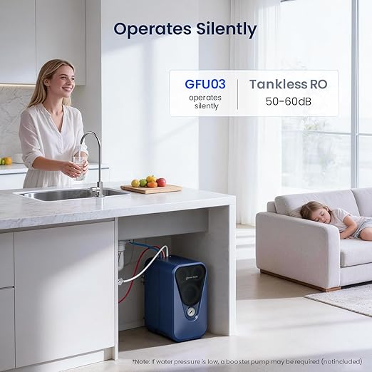 GLACIER FRESH GFU03 Reverse Osmosis System 800 GPD, No Electric/Noise, 3:1 Pure to Drain, 5-Stage Tankless Under-Sink Water Filter System, Filtration Accuracy 0.0001μm, for Any Under-Sink Setting
