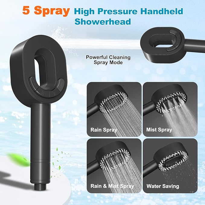 Hibbent Filtered Showerhead with handheld, High Pressure 5 Sprays Handheld Shower Head with Brass Holder & 71" Metal Hose, Water Softener for Hard Water-Remove Chlorine, Reduces Dry Itchy Skin, Black