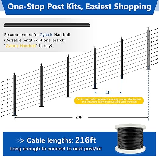 36" Modular 16-20FT Black T304 Stair Cable Railing Post Kit, Cable Railing System with 5 Stair Posts, 216ft 1/8" Wire Rope(No Handrail), Adjustable Length Easy DIY for 28-38° Stairway