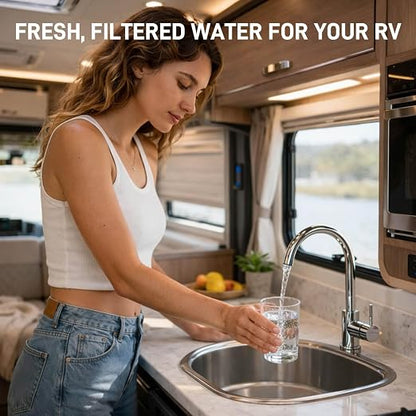 3-Stage RV Water Filter System, 0.01 Micron UF Filter, 1" Brass Inlet/Outlet, 90° Elbow Adapter, Reduces Sediment, Heavy Metals, Chlorine and More, Cleaner Water for RVs, Campers and Trailers