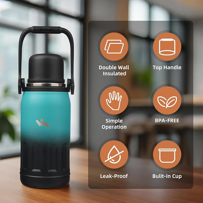 Konokyo Insulated Water Bottle with Handle and Strap,Vacuum Travel Tumbler with Cup Lid,Thermo Coffee Cup for Hot Cold Drinks 27 OZ,TealBlack