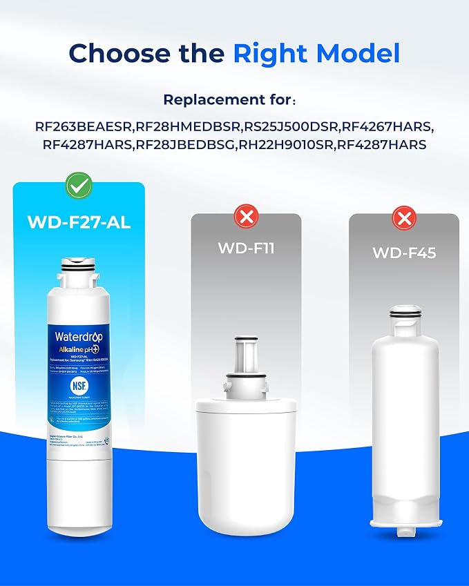 Waterdrop Alkaline WD-F27-AL Replacement for Samsung® Refrigerator Water Filter HAF-CIN/EXP, DA29-00020B, HAF-CIN, DA97-08006A-1, RF28HMEDBSR, RF263BEAESR, RS25J500DSR, RF263TEAESG, 2 Pack