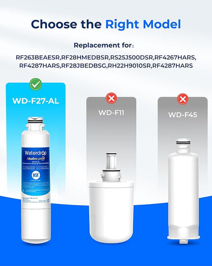 Waterdrop Alkaline WD-F27-AL Replacement for Samsung® Refrigerator Water Filter HAF-CIN/EXP, DA29-00020B, HAF-CIN, DA97-08006A-1, RF28HMEDBSR, RF263BEAESR, RS25J500DSR, RF263TEAESG, 2 Pack