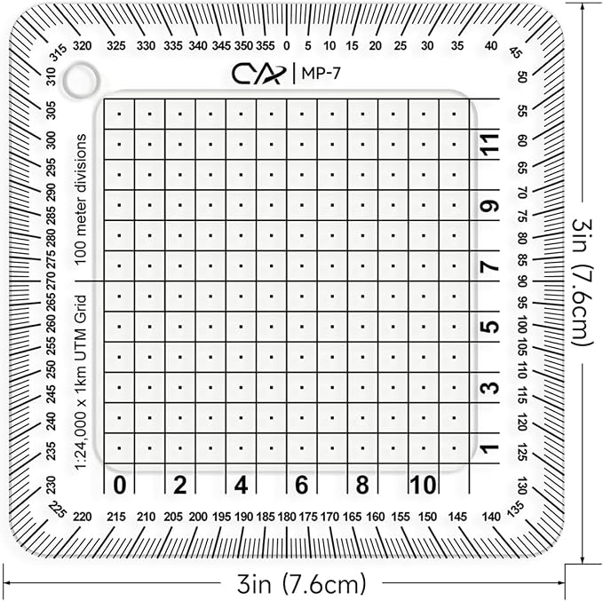 CYA MP-7 Square Military Map Coordinate Scale Protractor - 8x8cm UTM Tool | Square 8x8cm UTM map grid tool dividing 1km grids into 100m squares with 50m center dots. Includes degree compass rose.