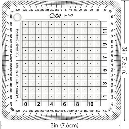 CYA MP-7 Square Military Map Coordinate Scale Protractor - 8x8cm UTM Tool | Square 8x8cm UTM map grid tool dividing 1km grids into 100m squares with 50m center dots. Includes degree compass rose.